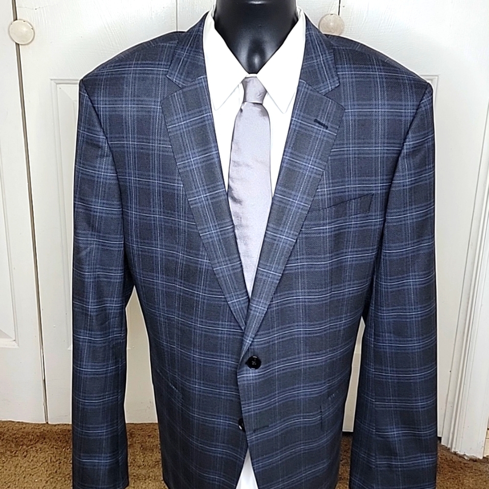 Hugo Boss Guabello Super 130 Blazer Size 46 Regular Blue, Gray, and Silver Check